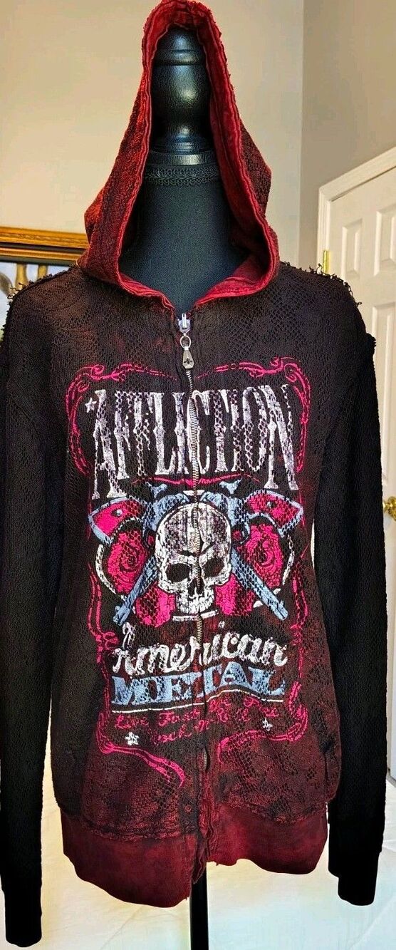 Affliction Women's Y2K American Metal Skull Lace Overlay Thermal Zip Hoodie L